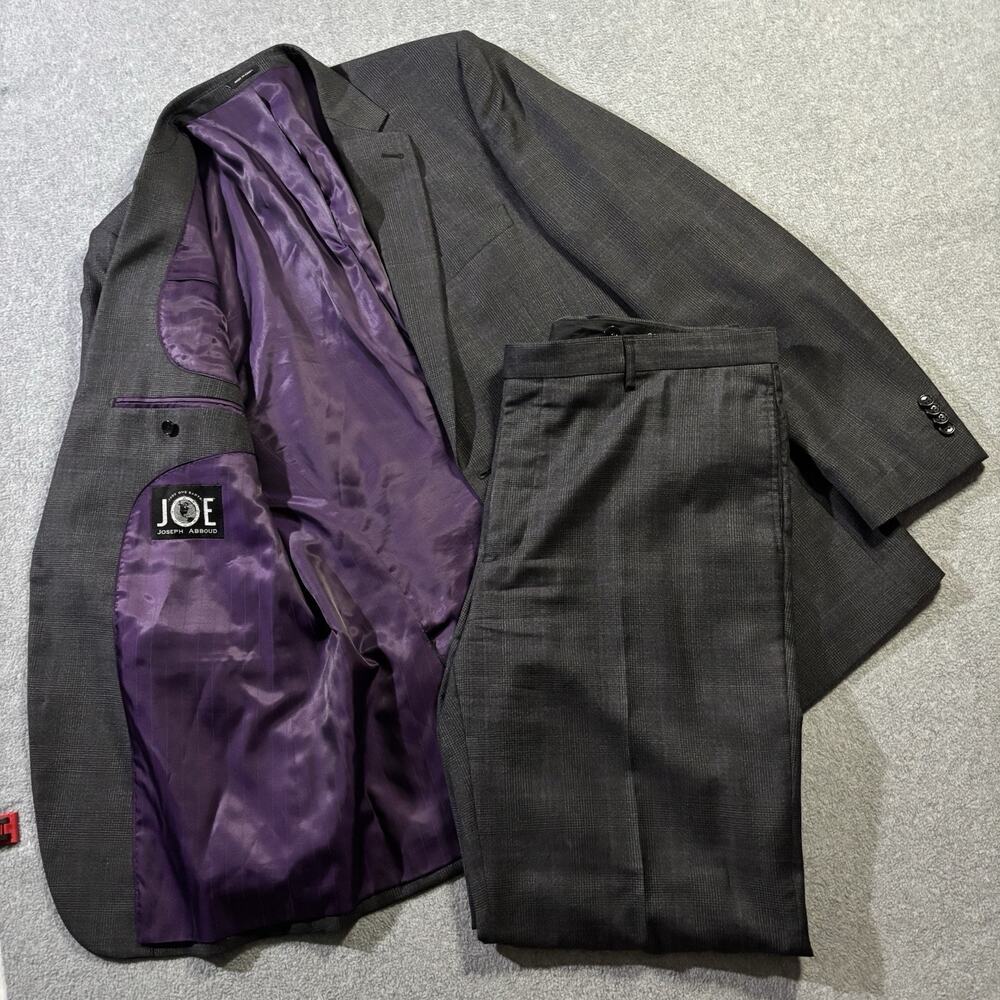 Joseph Abboud Custom Made 42R 36x32 Men’s Suit Charcoal Grey Purple Plaid Wool